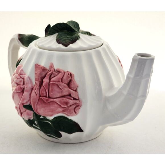 Teapot-Pacific Rim-White-Pink Roses-Green Leaves-Embossed-Holds 4 Cups - Picture 3 of 14